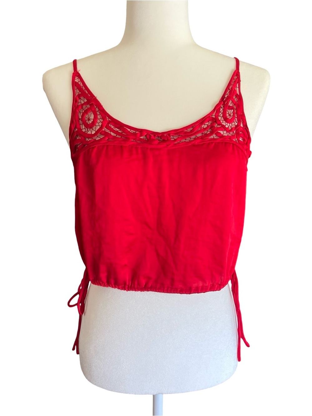 FREE PEOPLE Intimately Crochet-Lace Red Satin Romantic S Top Side-Ties Boho Chic